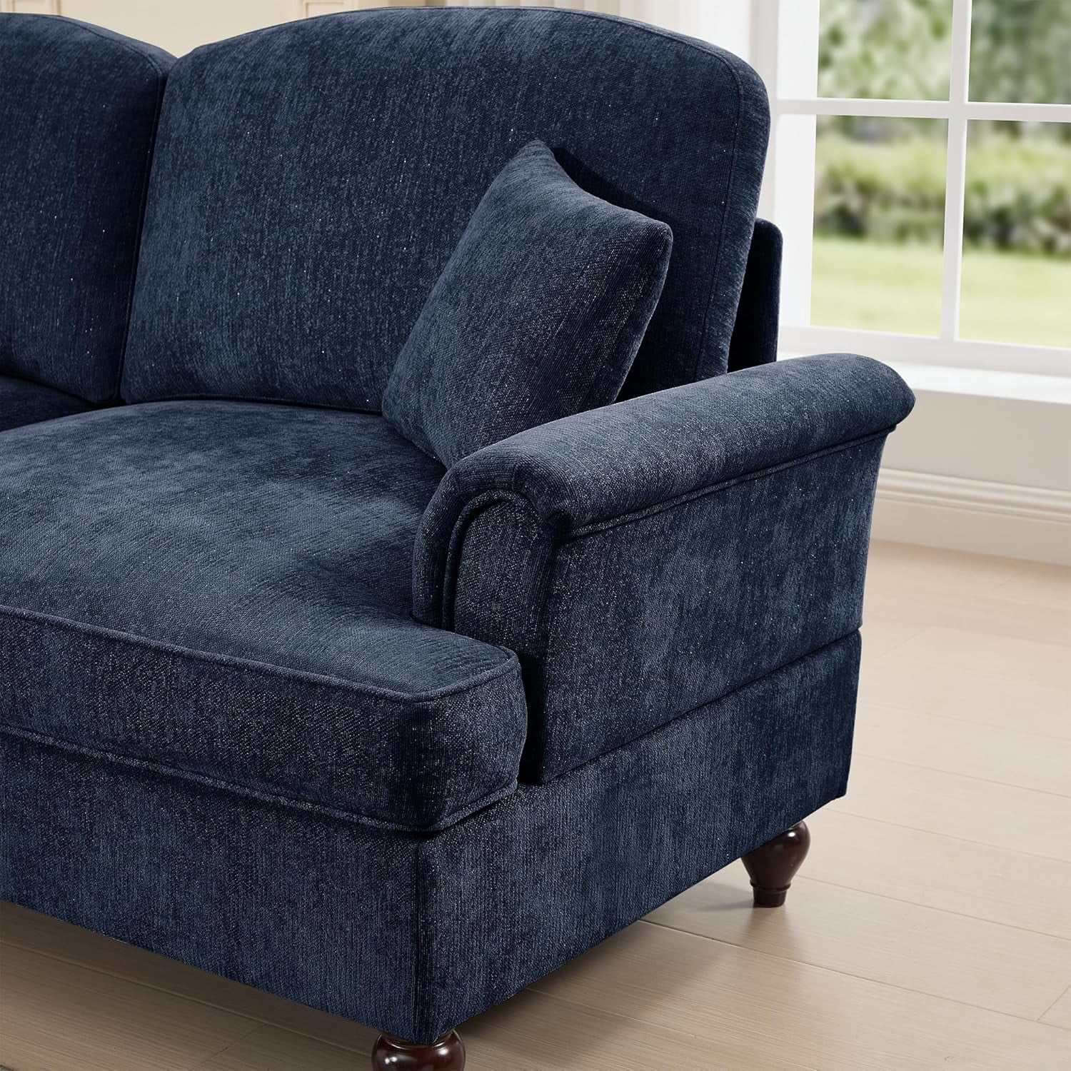 Mid Century Chenille Sectional Sofa, U Shape 3 Seat Couch with Flared Arms, Removable Ruffles Pleats Skirts, Deep Seat Sofa for Living Room, Blue
