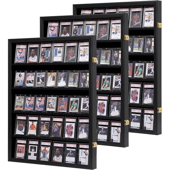 Baseball Card Display Case 3Pack - 35 Graded Sports Card Display Frame - Holds Sport Cards with UV Protection Clear View Lockable Wall Cabinet for Football Basketball Trading Card Vertical