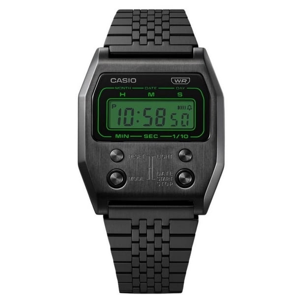 Casio Reloj Vintage Digital Unisex A1100B-1 de Cuarzo en Acero Inoxidable con Baño de Iones Negro