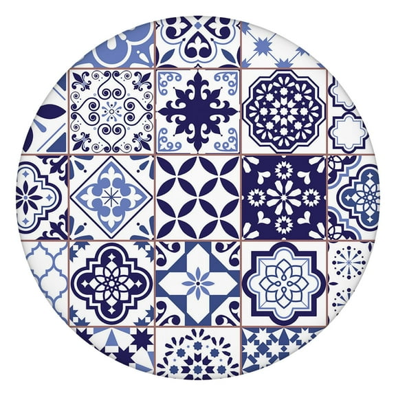 Elastic Hem Round Table Cover Boho Floral, Decorative Stretch Cloth for 38-42 Inch Tables, Resistant to Stains for Daily Meals