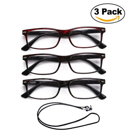 Transparent Vinyl Lanyard - 3 Pack Light Compact Squared Fashion Reading Glasses Translucent Spring Hinges with Lanyard +2.00