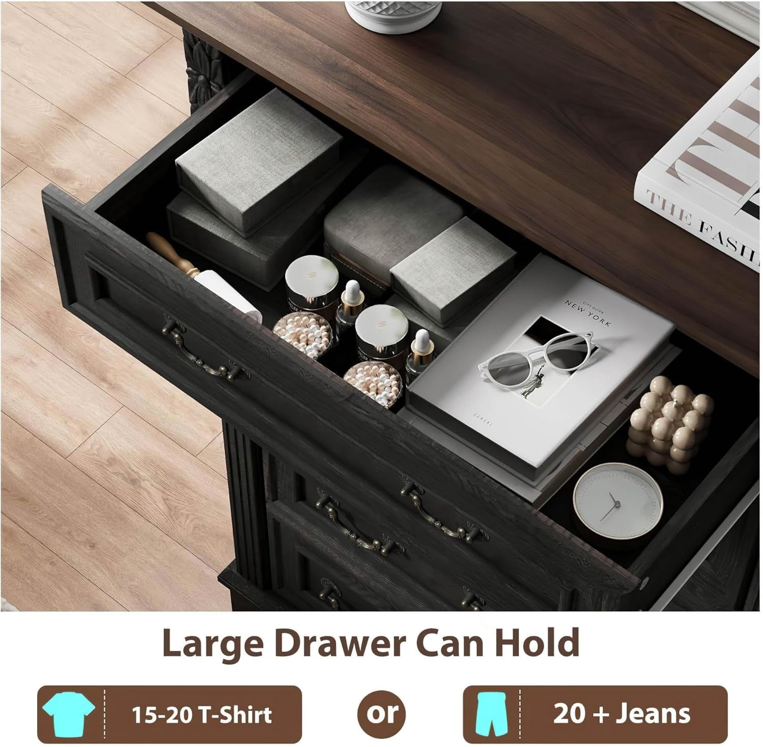 BOSHIRO 4-Drawer Dresser for Bedroom, Farmhouse Carved Storage Chest Organizer with Brown Top, Black Finish