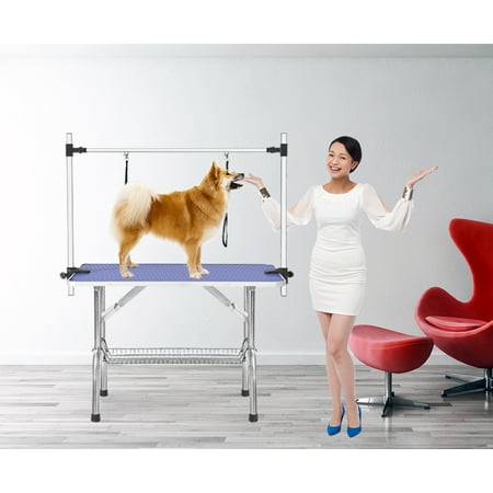 Grooming Table for Small Dogs, 2019 Newest 46'' Heavy Duty Stainless Steel Frame Foldable Table w/Adjustable with Arm/Noose/2 No-Sit Haunch Holder, Maximum Capacity Up to 300lbs, Blue,