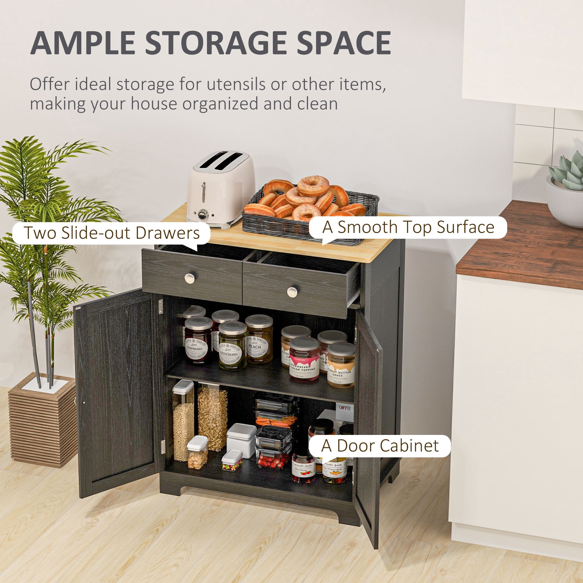 HOQBN Storage Sideboard Cabinet with Solid Wood Top, Adjustable Shelf and 2 Drawers, Multipurpose Buffet Furniture for Kitchen, Dining Room and Living Room, Distressed Black