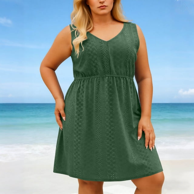 XiYing Robes pour Femmes, Robe de Plage en Maille Grande Taille pour Femmes, Col en V, Découpes, Fentes, Sans Manches, TG-5X,