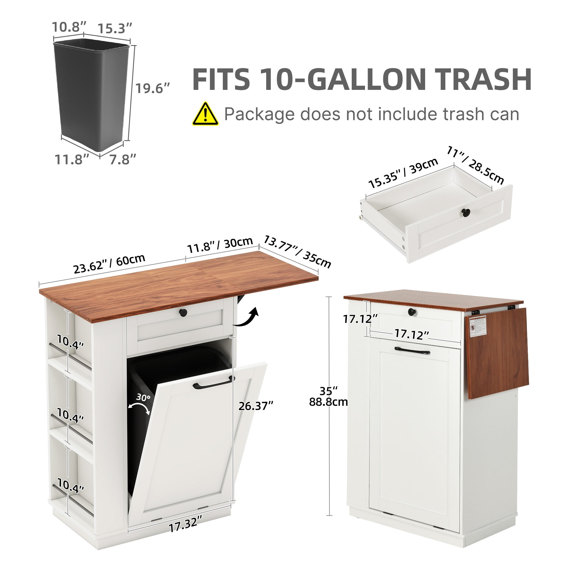 Uforic Kitchen Tilt Out Trash Can Cabinet with Drawer & Drop Leaf, Storage Cabinet for 10-gal Trash Bin, Off-White