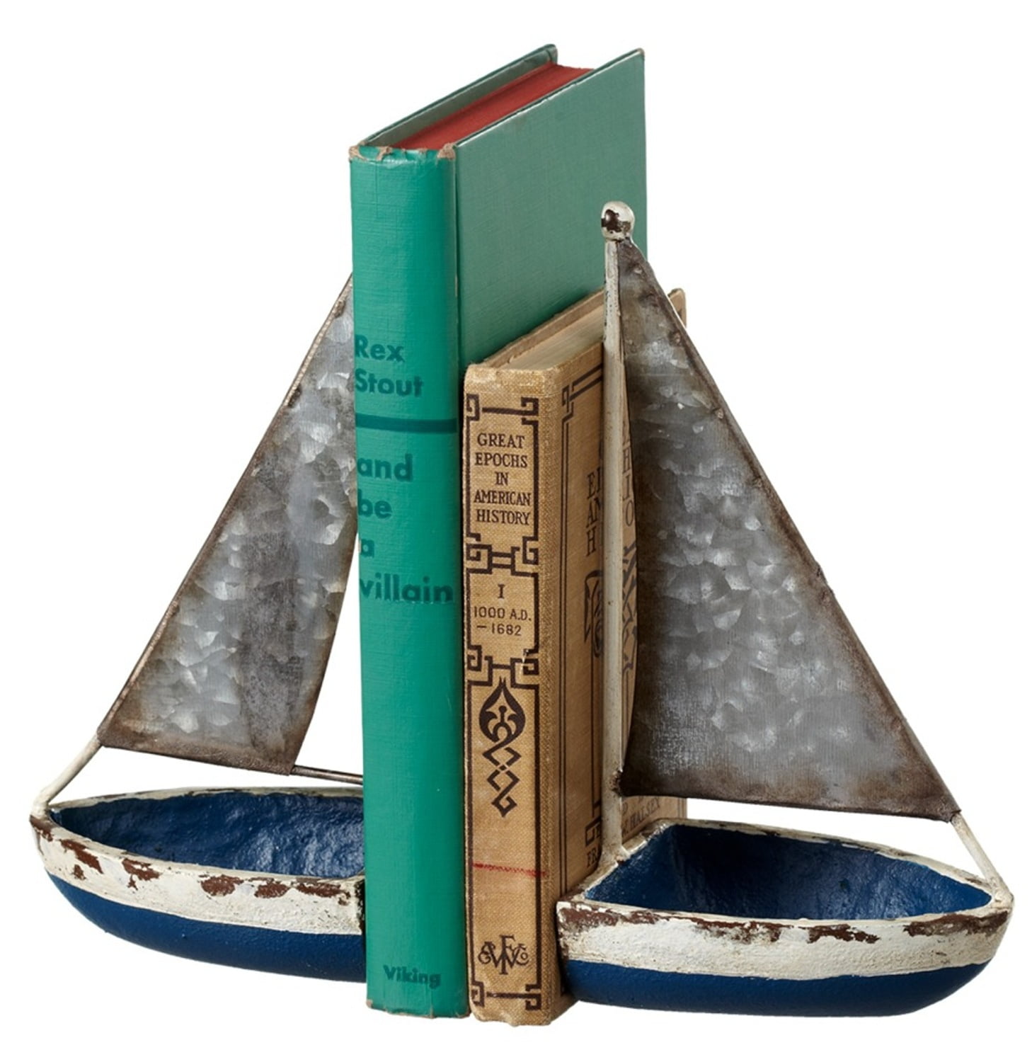 Blue Sail Boats Nautical Bookends Cast Iron and Galvanized Distressed
