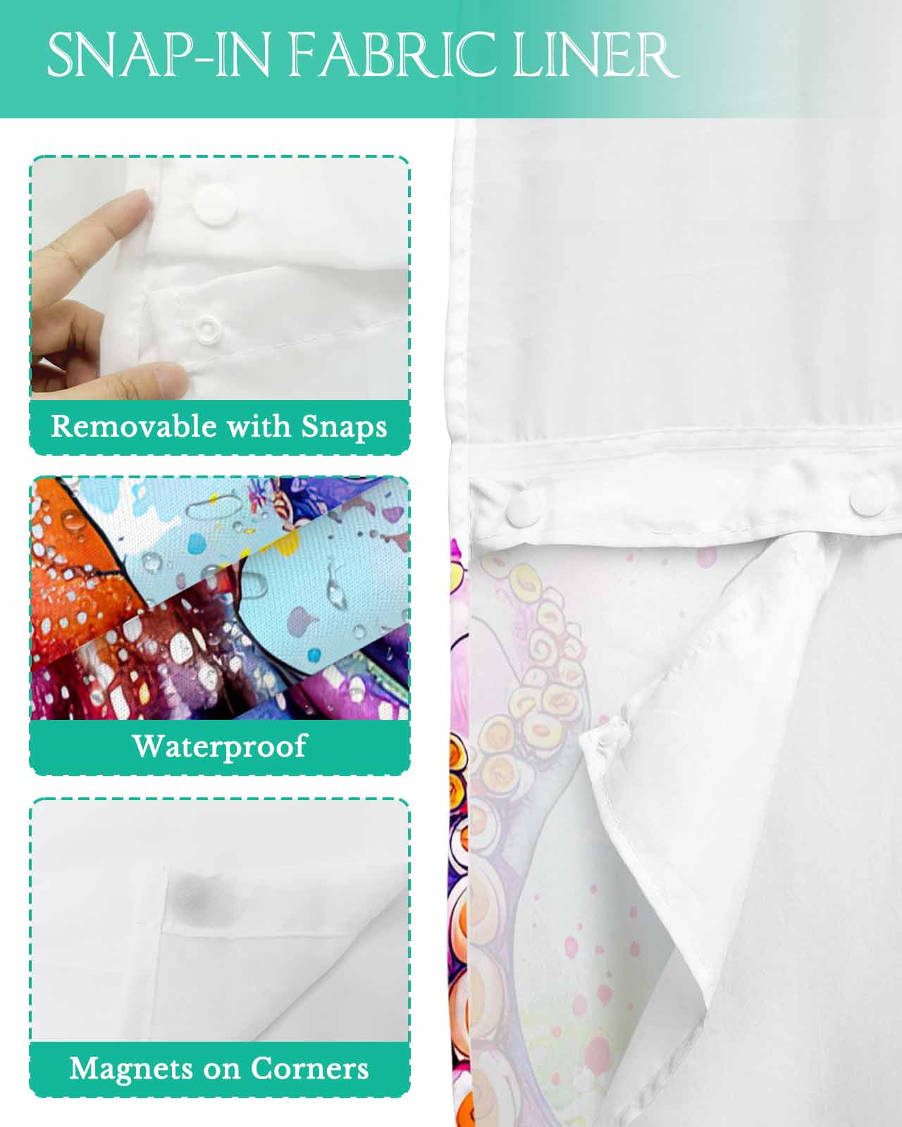 No Hook Shower Curtain with Snap in Liner, Watercolor Summer Ocean Octopus with Ocean Wave Hotel Shower Curtains for Bathroom, Washable Shower Curtain Liner Set with Mesh Top Window, 72"x84"