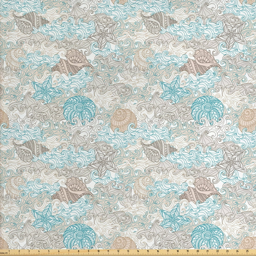 Nautical Fabric by the Yard, Pastel Toned Sea Shell Starfish Mollusk