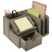 MyGift Gray Wood Desktop Office Organizer with Sticky Note Pad Holder and Pullout Drawer