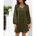 thumbnail image 3 of Vestido de manga larga con linterna para mujer, cuello en V, con botones, informal, suelto, línea A, vestido corto para verano OD Verde M, 3 of 6