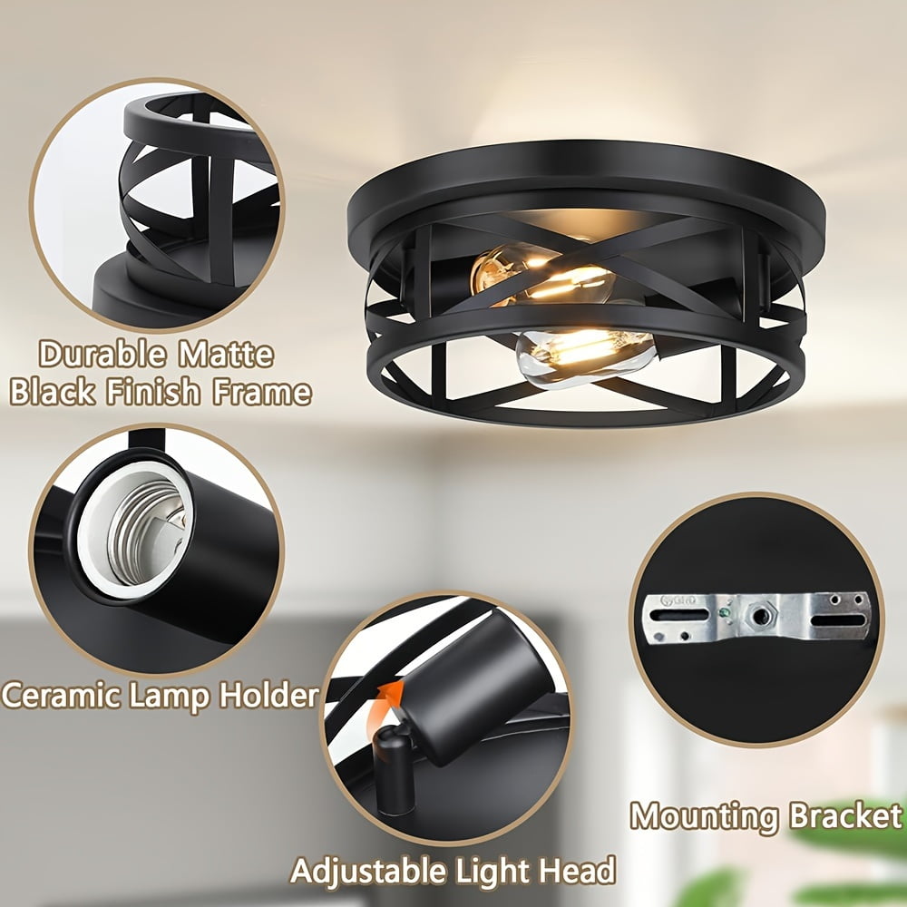 11 Inch Metal Black Cage Farmhouse Flush Mount Ceiling Light | Industrial Close To Ceiling Light, Rustic Style, IP44, Suitable for Hallway, Kitchen, Bedroom, Entryway, Semi Flush Mount, E26 Bulb Base