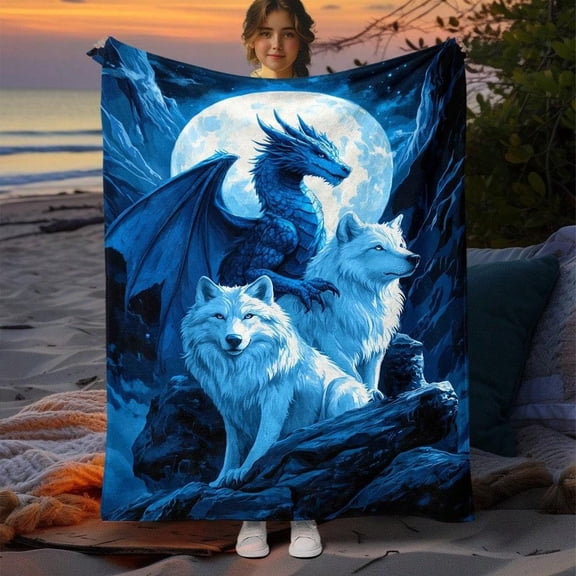 HELLOYOUNG Fleece Throw Blanket Soft Cozy Lightweight, Dragon and Wolf Digital Print, for Sofa Bed Travel Office RV, Ideal Gift for Family and Friends