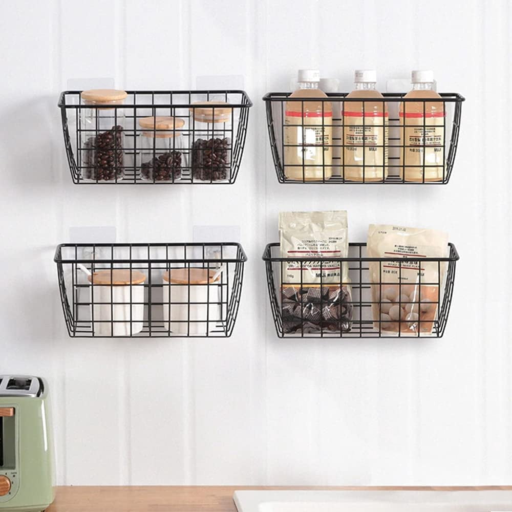NEX Hanging Metal Storage Basket No Drilling Wall Mounted, Black, Set of 2