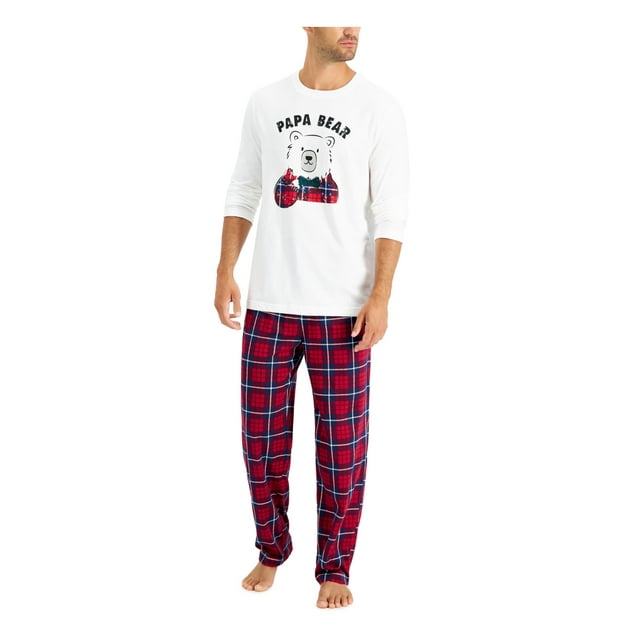 FAMILY PJs Ensembles Blanc Coton Mélange Bande Élastique Graphique Manches Longues Col Rond Jambe Droite Taille Quotidienne S