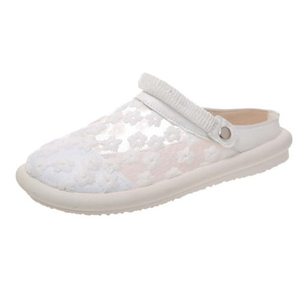 

YanHoo Women s Flat Sandals Mesh Lace Flower Closed Toe Slippers Casual Lightweight Comfortable Slip-on Shoes