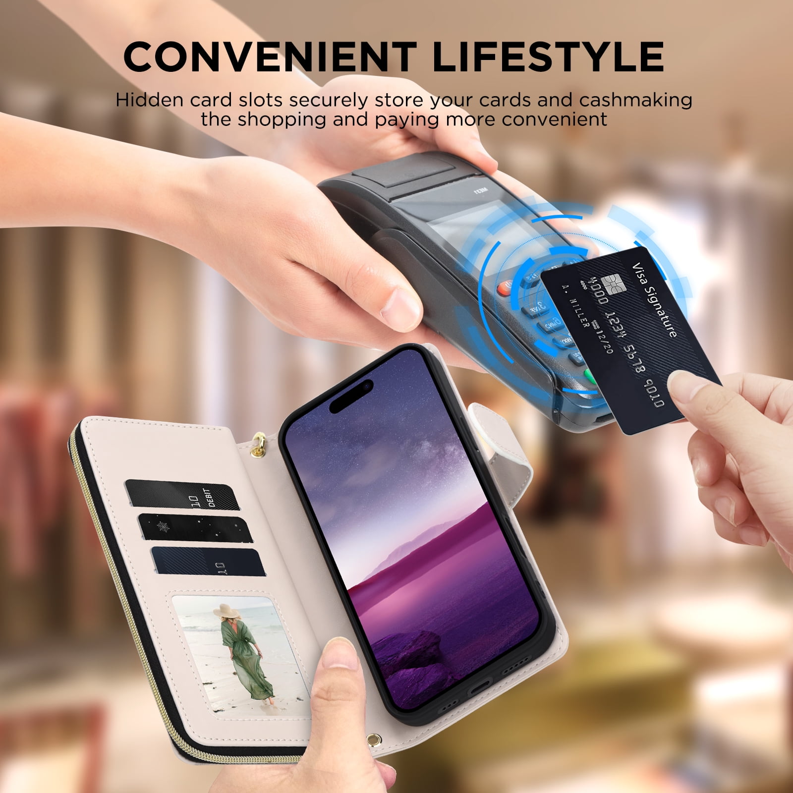 Compatible for iPhone 12 Pro / 12 6.1" Wallet Case, Crossbody Strap PU Leather Folio Phone Cover, Zipper Handbag Purse with Card Holder Lanyard Flip Stand for iPhone 12 Pro / 12 6.1", Beige