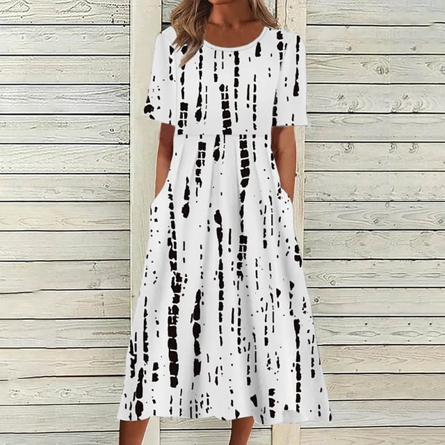 Robes d'Invité de Mariage pour Femmes Courtes Mode Femmes Décontractées Aguichant Col Rond Imprimé Été Manches Courtes Poches Robe Habillée Combinaison pour Femmes en Liquidation
