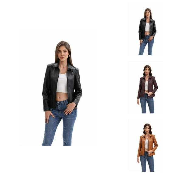 Faux PU Leather Jacket for Women Long Sleeve Stretch Lapel Collar Zip Up Cropped Jackets with Pockets Outerwear