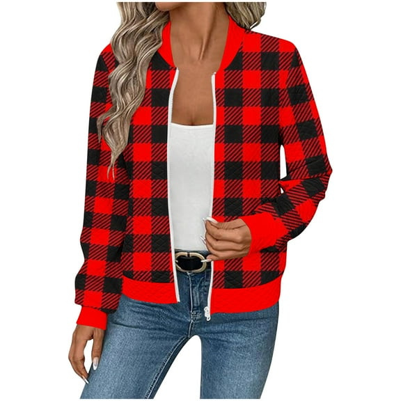 Trendy Bomber Jacket for Women Waffle-Textured Printed Full Zip Long Sleeve Hoodless Coat Casual Fall Clothes (XL, Red|Plaid)