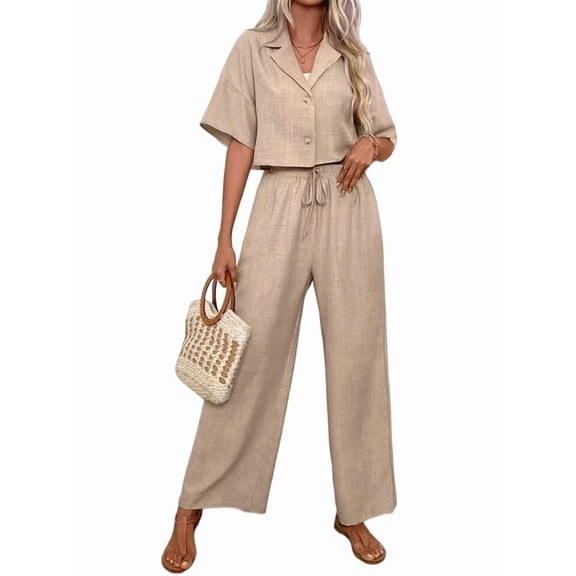 Women'S Casual 2 Piece Set V-Neck Short-Sleeved Tops Straight Wide Leg Pants Outfit Khaki S
