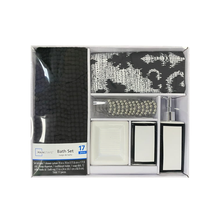 Mainstays 17-Piece Ikat Damask Print Polyester/Ceramic Shower Curtain &  Bathroom Accessory Set, Black 