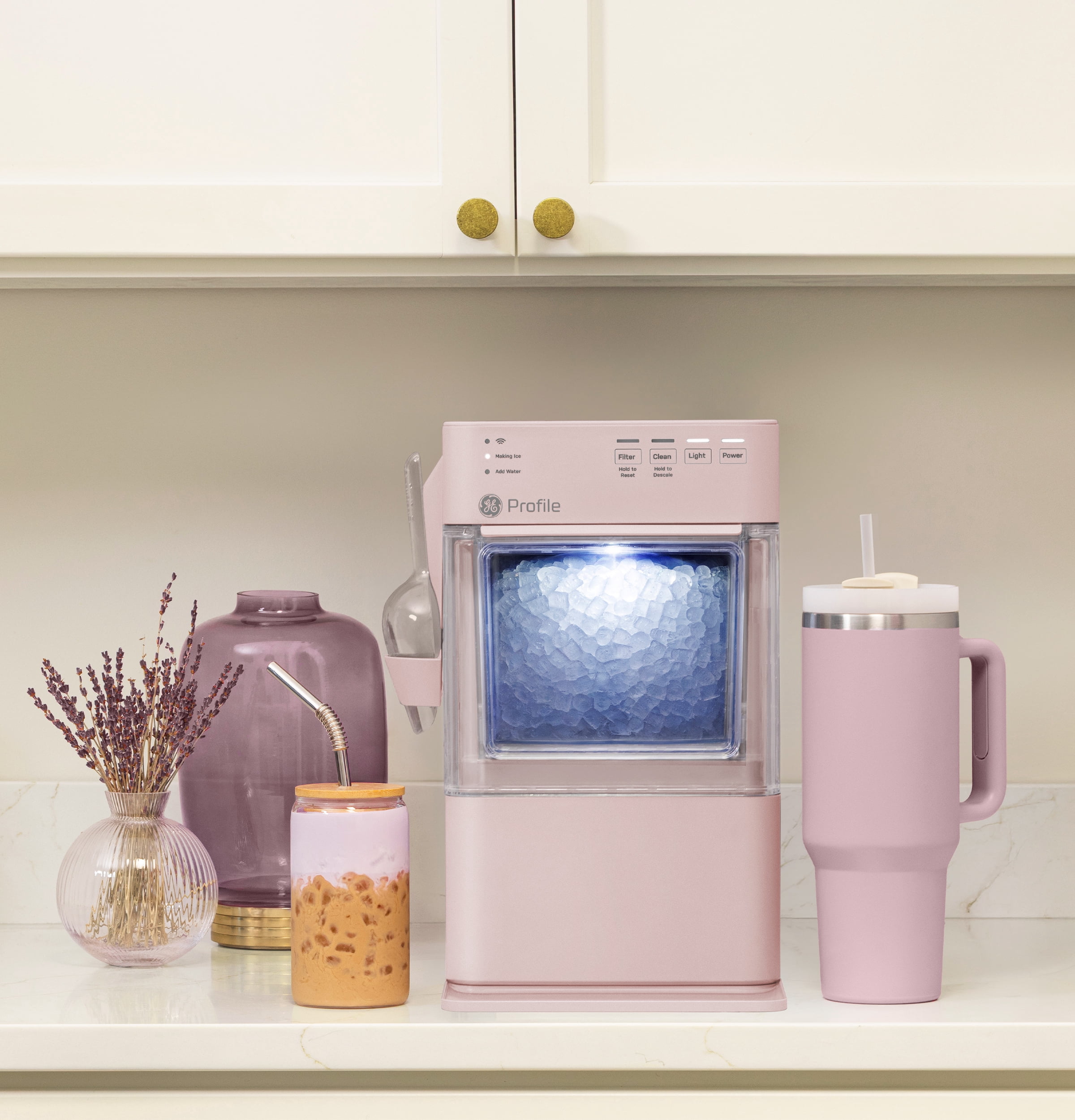GE Profile Opal Mini Countertop Nugget Ice Maker WiFi Connected Auto Clean Peony Pink