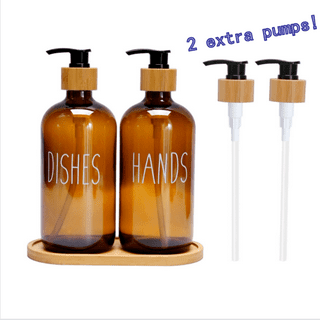 GMISUN Hand and Dish Soap Dispenser Set, 2 Pack Kitchen Soap Dispenser Set with Tray and Bamboo Dish Brush, 16 oz Thick Amber Glass Liquid Pump Bottle