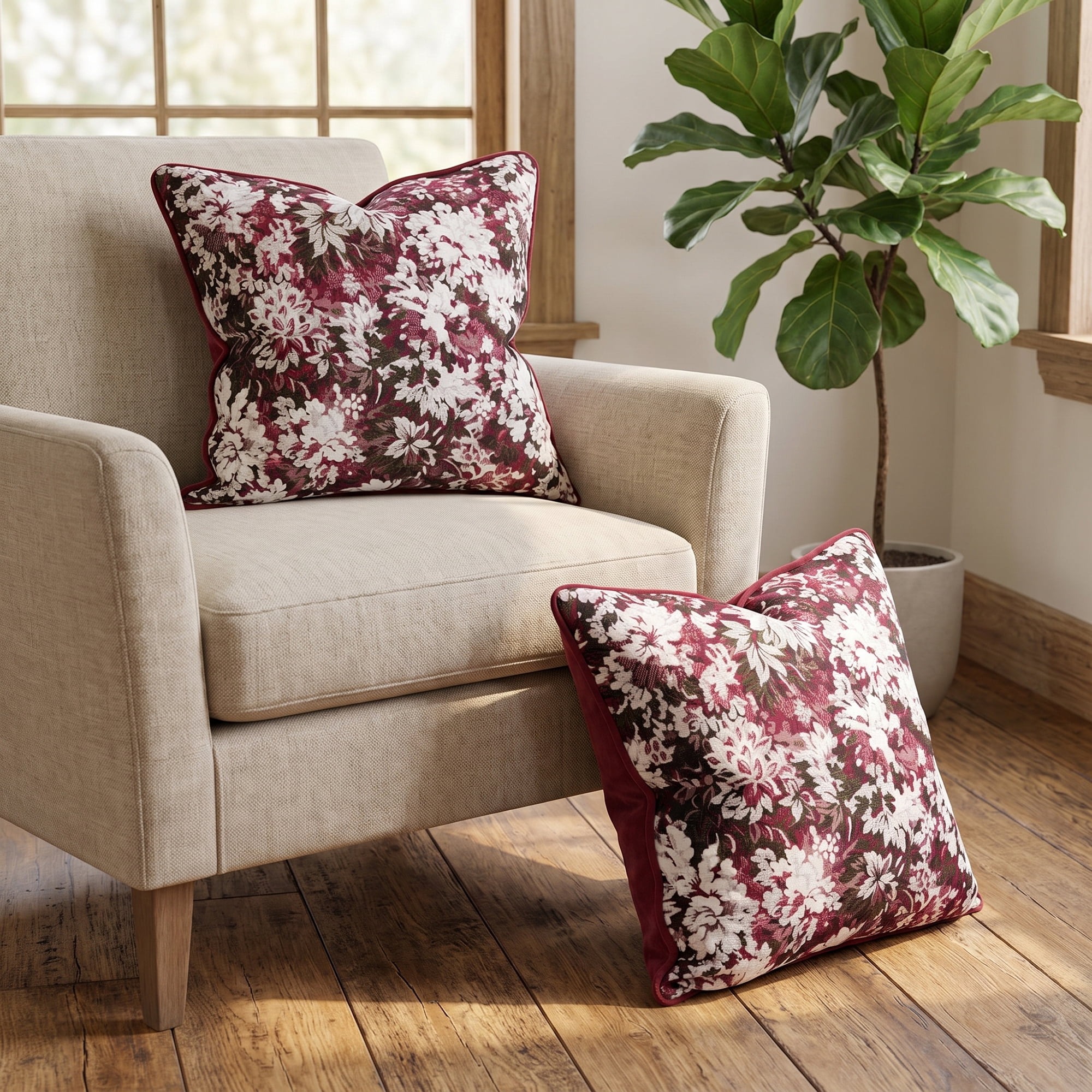 Unique Bargains Floral Throw Pillow Cover with Piped Edge Decor Cushion Case Red 18" x 18"
