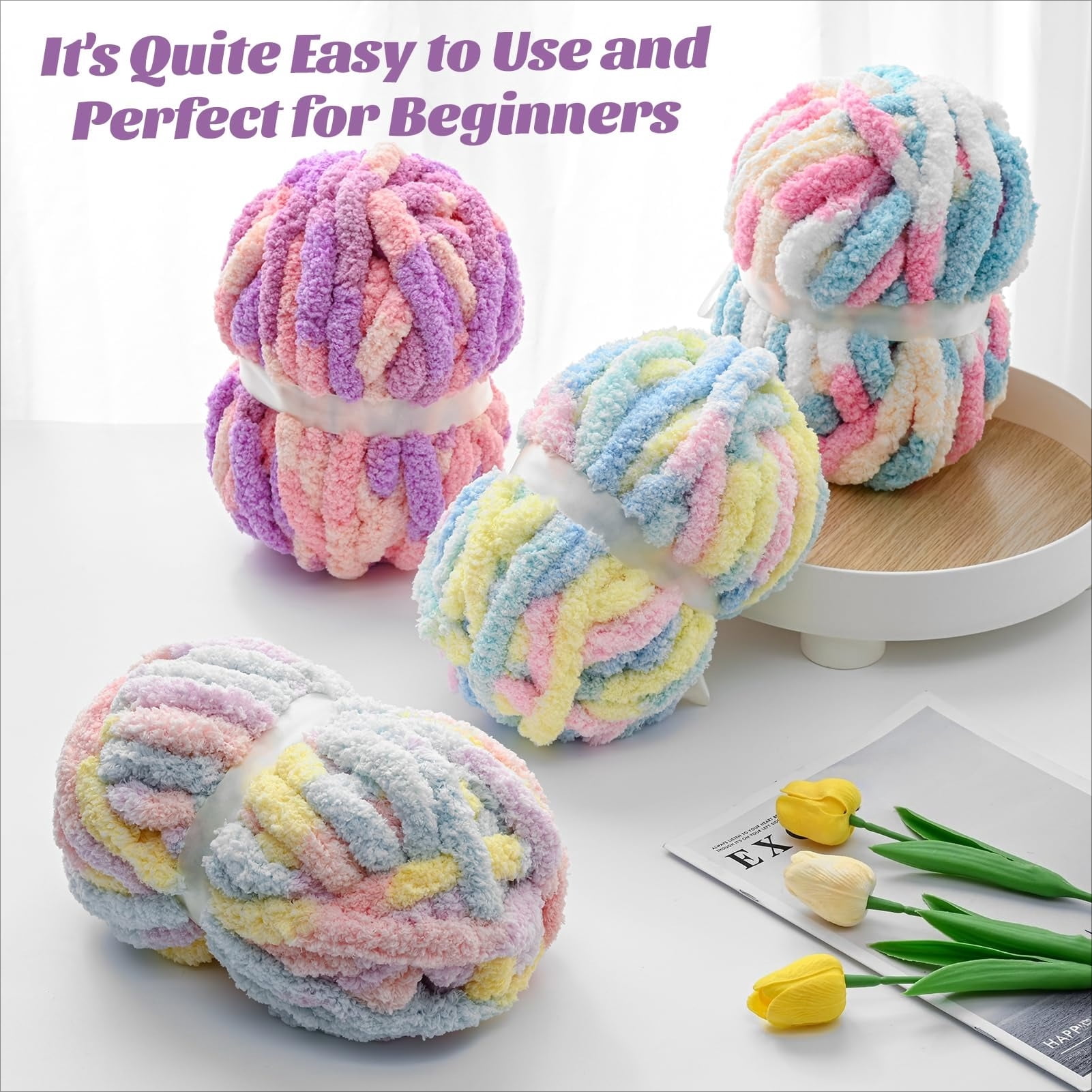 10  Fluffy Chunky Chenille Yarn for Crocheting,  Chunky Blanket Yarn for Hand Knitting, 240yds/70.5oz  Bulky Variegated  Blanket Yarn(Blue-White)
