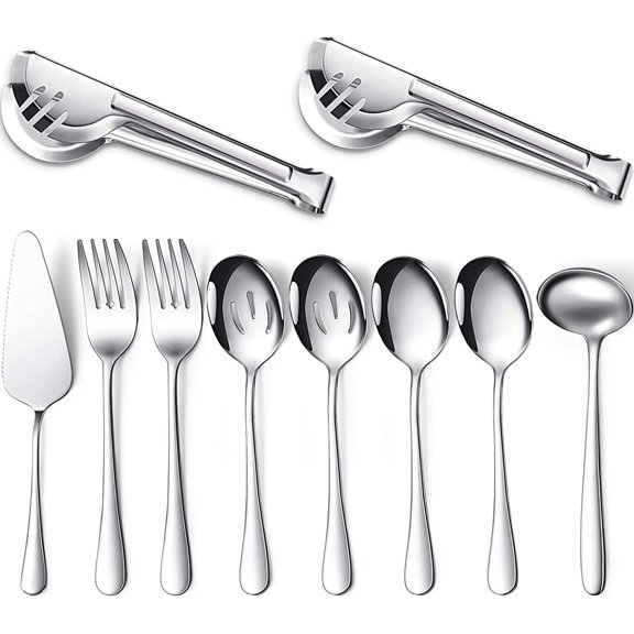 10 Pieces of Stainless Steel Flatware, Silverware, Dishwasher Safe - Includes Spoons, Forks, Tongs, Spoons and Pie Holders