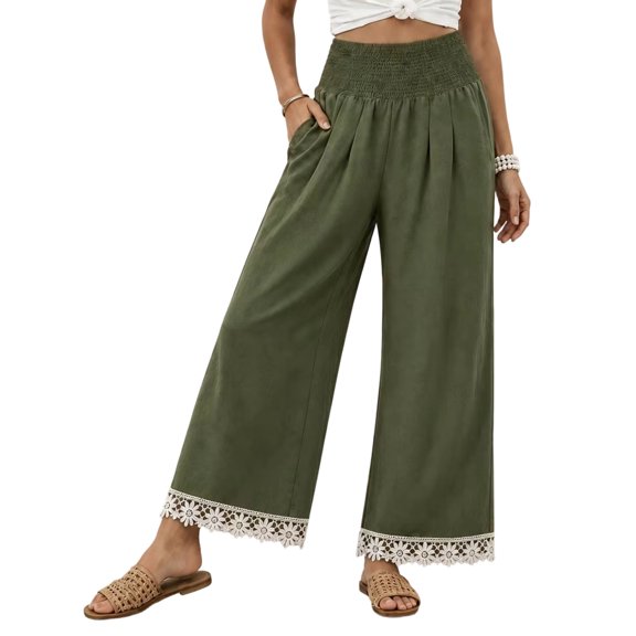 Yungyresw Womens Wide Leg Palazzo Pants Lace Hem Elastic Smocked Waist Casual Pants Lightweight Straight Trousers With Pockets Deep Green L
