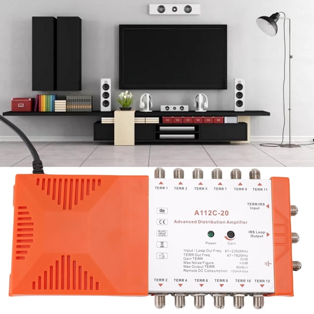 12 Channel Distribution Amplifier, TV Antenna Splitter Remote Powering 87-782MHz TERR Frequency for CATV System EU Plug 200-240V,US Plug 110-120V