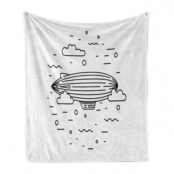 Cartoon Soft Flannel Fleece Throw Blanket, Kids Themed Heat Balloon with Clouds and Circles Hand Print Sketch Style, Cozy Plush for Indoor and Outdoor Use, 70" x 90", Black and White, by Ambesonne