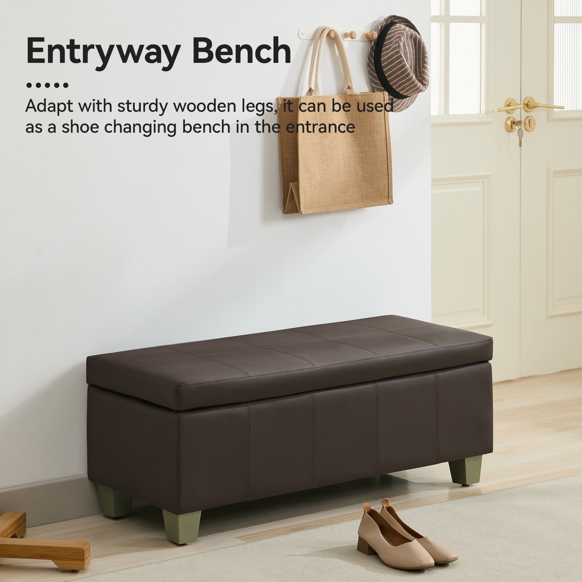 41'' Faux Leather Storage Ottoman Bench, Rectangle Upholstered End of Bed Storage Bench, Stitch Tufted Bedroom Bench with Storage, Entryway Large Storage Ottoman with Wooden Legs, Brown