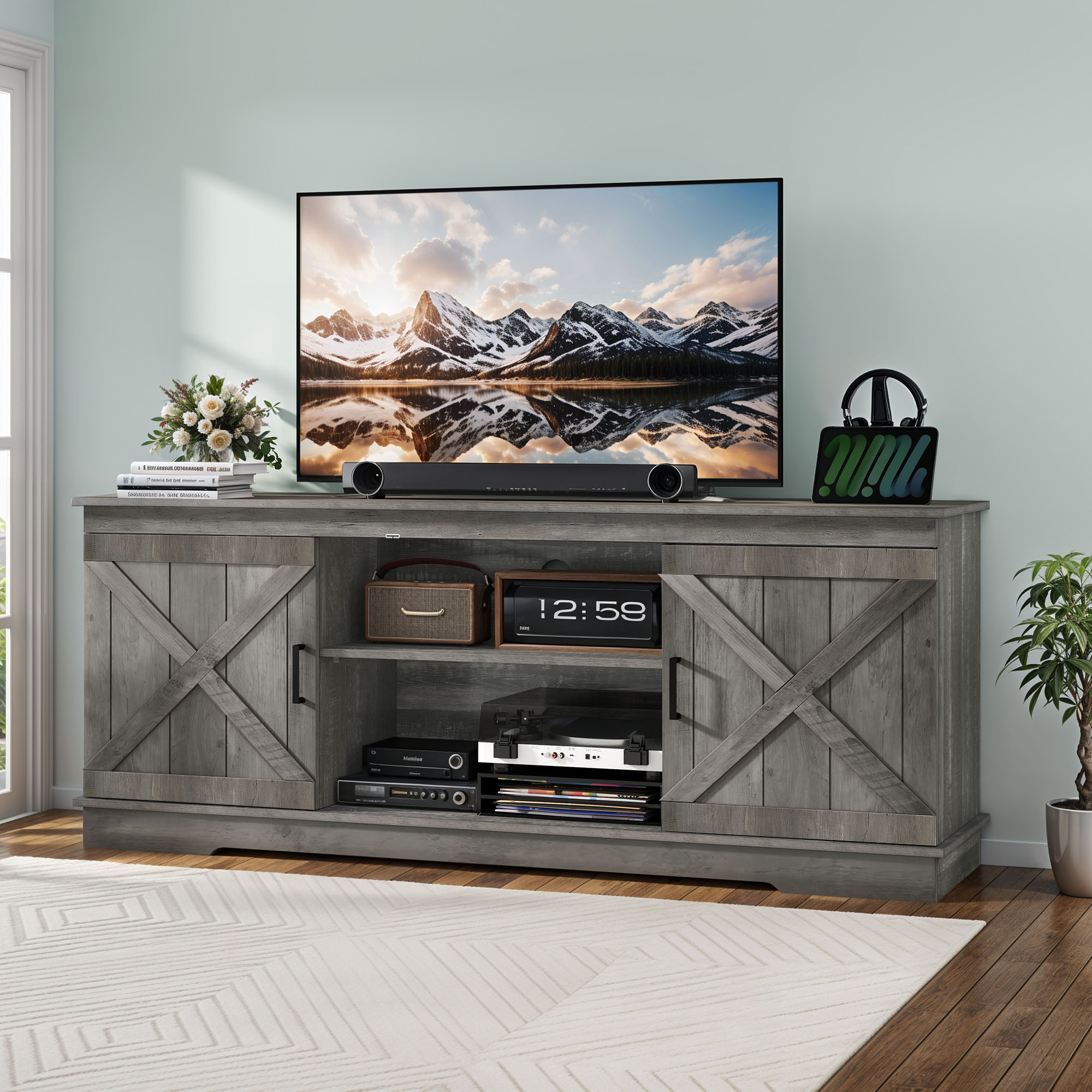 Uforic Farmhouse TV Stand for up 65" TVs, Entertainment Center Console Table for Living Room, Gray