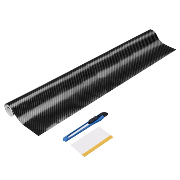 1 Set Carbon Fiber Vinyl Wrap 11.81" x 2ft Self-Adhesive Car Sticker Waterproof Wrap Roll for DIY Decor Automotive Exterior Interior Protection with Scraper Tool, Silver Black