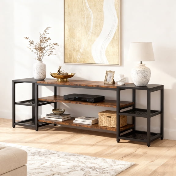 KIOOTTO 78.7" Grand Cinema Series TV Stand for 85  Inch Screens, Professional Media Console with Triple-Tier Thermal Management Shelves, Reinforced Steel Mesh Architecture in Toasted Chestnut
