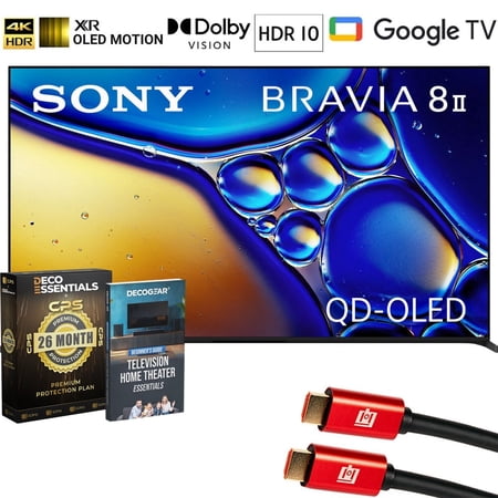 Sony BRAVIA 8 II 55 inch QD-OLED 4K HDR Google TV (2025) K55XR80M2 Bundle with CPS 26-Month Protection Plan, Deco Gear 4K HDMI Cable and Deco Gear Television Home Theater Essentials Beginner's