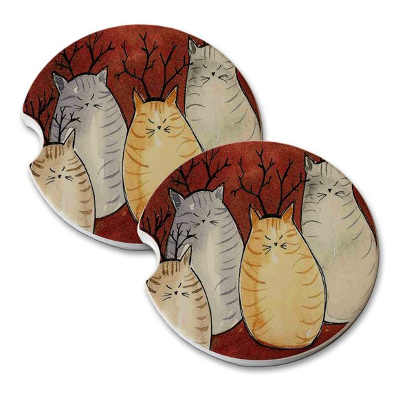 KuzmarK Sandstone Car Drink Coaster (set of 2) - Four Reindeer Tabby Chunky Kitties Christmas Cat Art by Denise Every