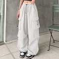 thumbnail image 2 of WULMLEO Women's Drawstring Elastic Waist Loose Pants Casual Flap Pocket Cargo Pants Trousers White XL, 2 of 5