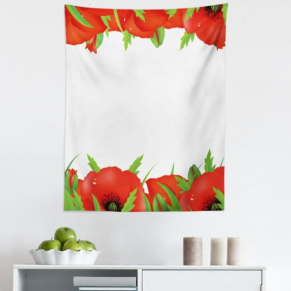 Poppy Flower Tapestry, Perennial Gardening Bedding Plants Border with Booming Vibrant, Fabric Wall Hanging Decor for Bedroom Living Room Dorm, 5 Sizes, Vermilion Green White, by Ambesonne
