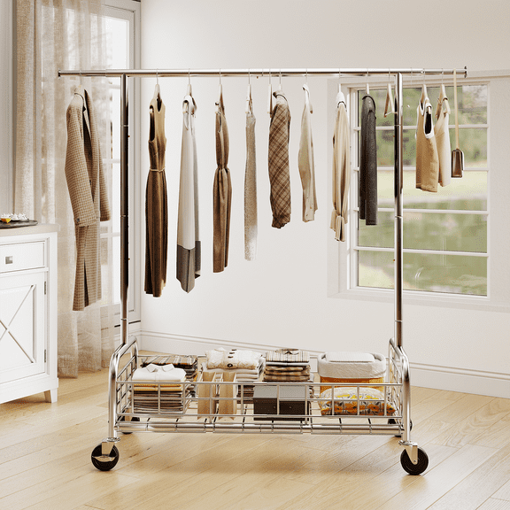 Rolling Clothes Rack with Storage Basket,Adjustable Garment Rack with Wheels for Bedroom,Laundry Room & Apartment,Chrome