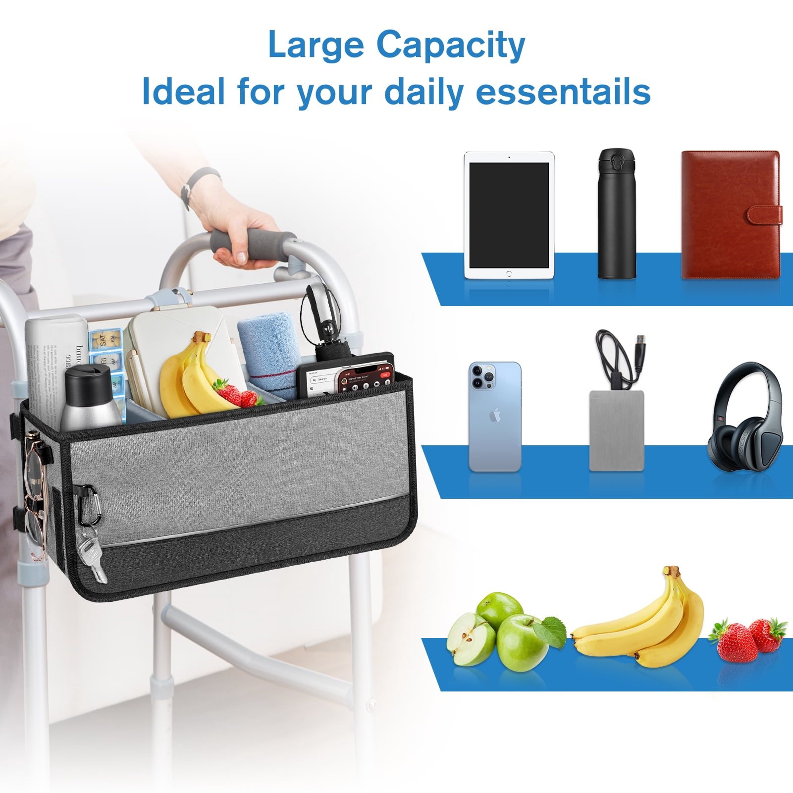 FINPAC Large Walker Basket for Foldable Walker, Storage Bag Strap Attachment Organizer Pouch with Cup Holder and Dustproof Lids