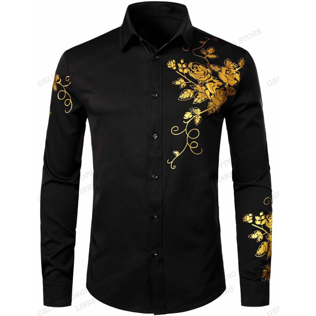 Camisas hawaianas de manga larga, camisas con flores doradas, camisas de moda para hombre, blusas casuales de playa, camisas de negocios, ropa para hombre con botones