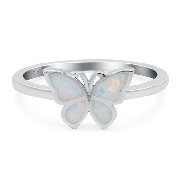 Butterfly Band Ring Lab Created White Opal 925 Sterling Silver Size 4