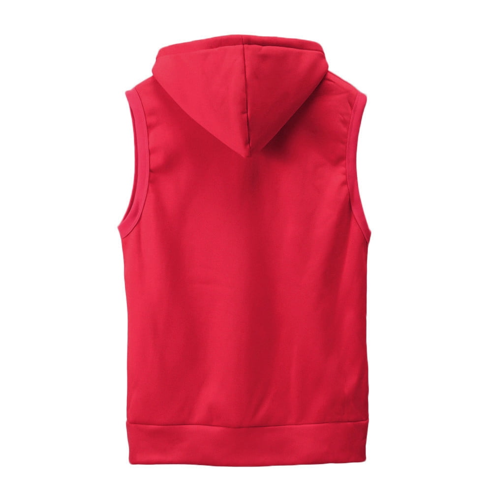 WREESH Mens Sleeveless Sweatshirts Vest Casual Solid Hooded Vest Drawstring Zipper Workout Outerwear Vest Red