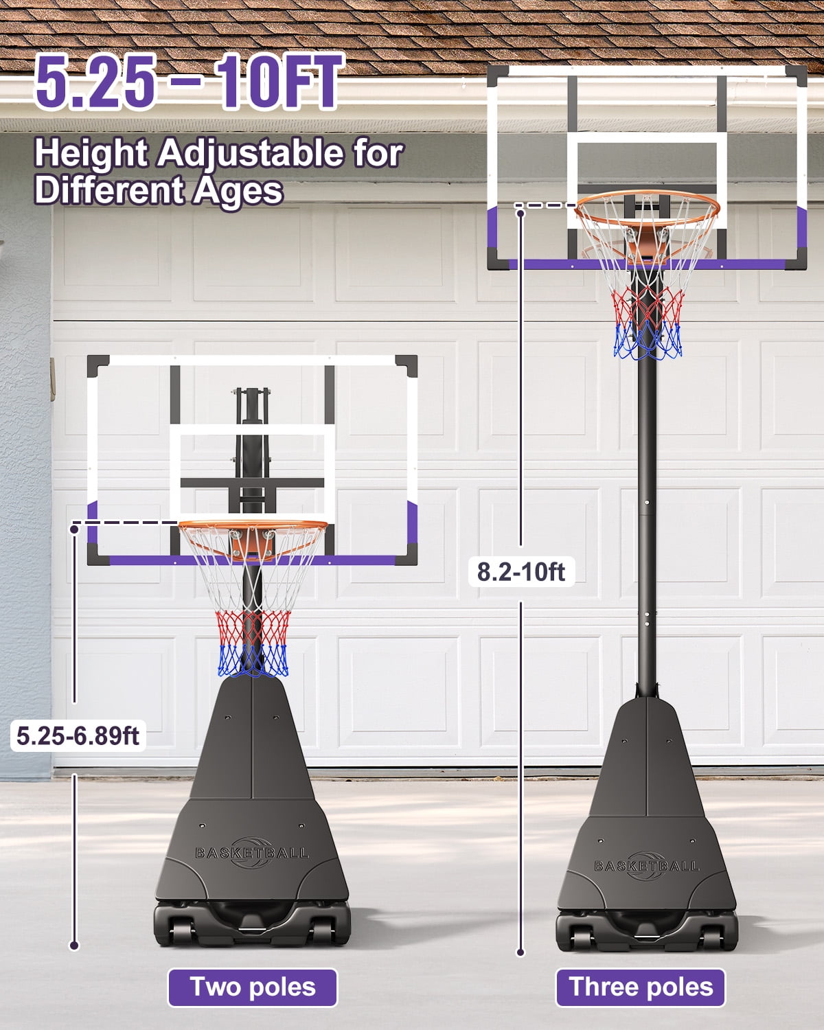 Tonbux Basketball Hoop 10FT Adjustable Easily, Basketball Goal System for Kids Teens Youth Adults, Portable Hoops & Goals Outdoor with PC Backboard and Wheels