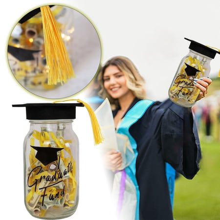 Graduation Season Decoration Graduation Season Set (including 1pc Glass Jar 1pc Light String 1pc Tassel Doctor Hat 40pc Yellow Ribbon 40pc Transparent Rubber Band) Desktop Ornament Graduation Gift