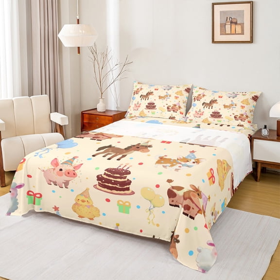 Feelyou Cartoon Animal Teens Twin Sheet Sets, Cute Cat Horse Cow Twin Fitted Sheet, Birthday Party Theme Flat Sheet, Microfiber Bedroom Decor, 3 Pieces